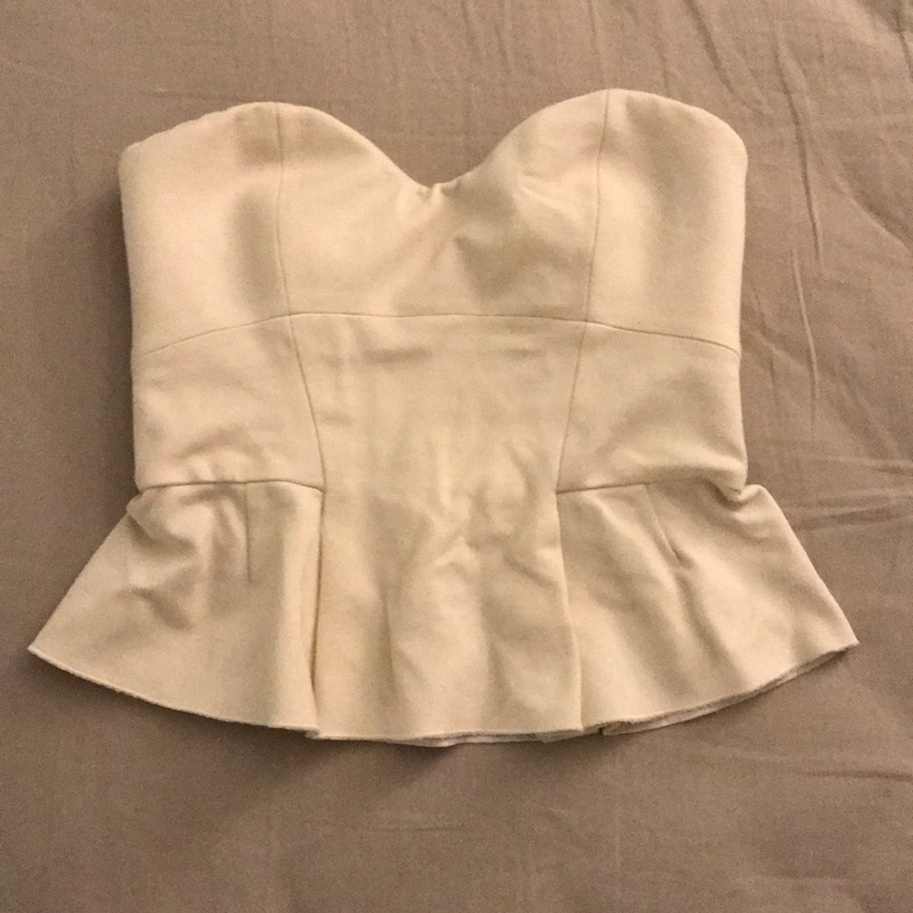 Strapless, Babaton (Aritzia) peplum top in cream